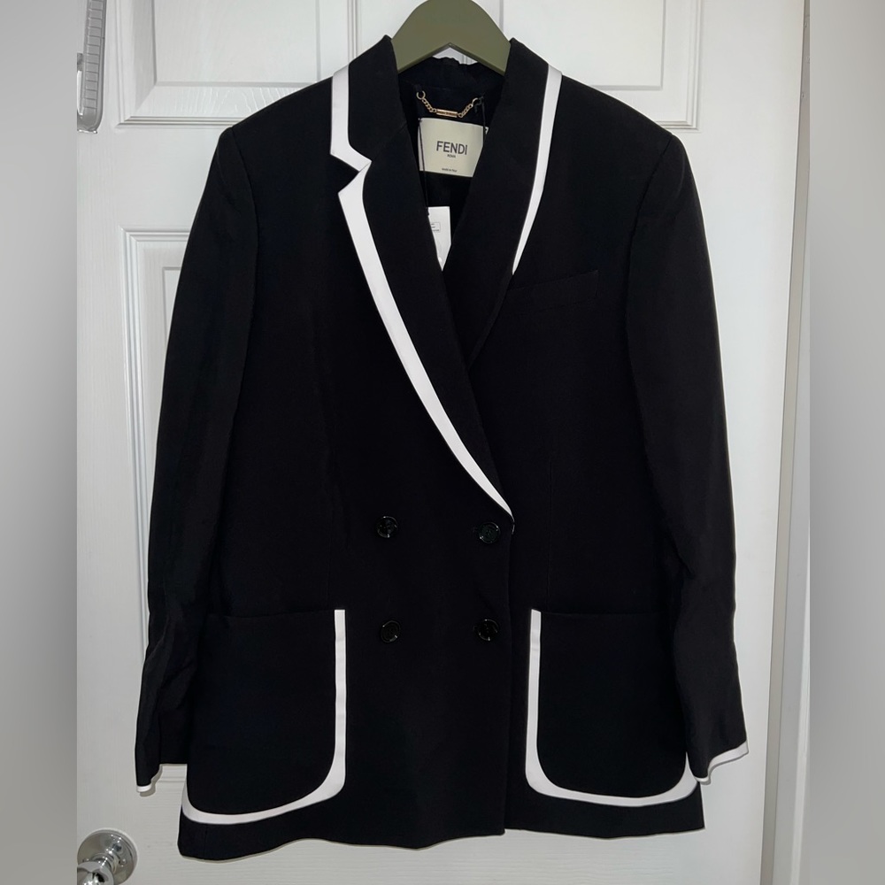 NWT Fendi Giacca Cady Double-Breasted Jacket Black With White Trim Size 44 L/XL